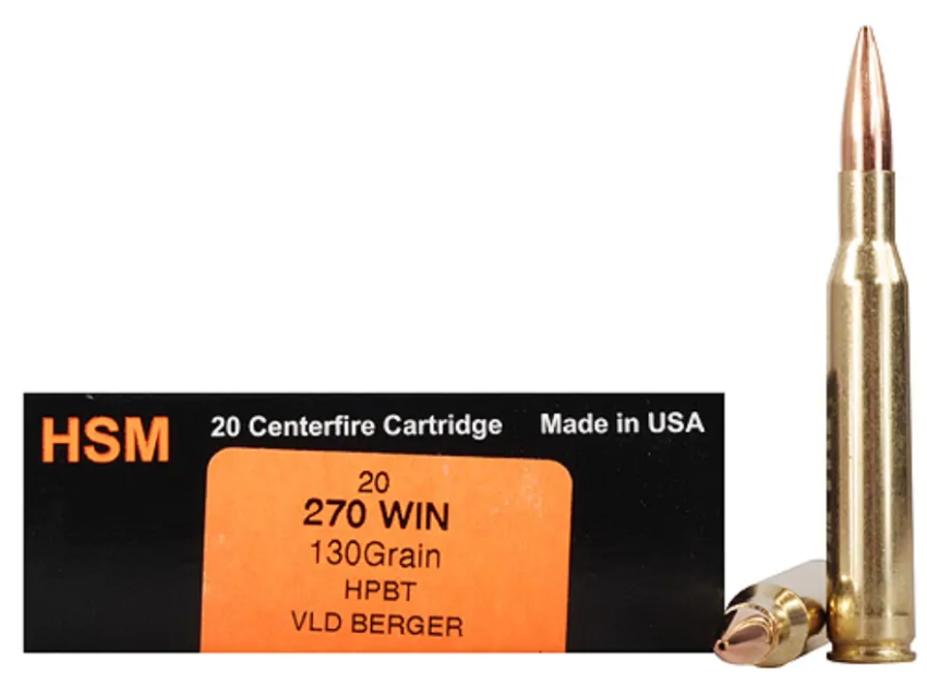 HSM Trophy Gold Ammunition 270 Winchester 130 Grain Berger Hunting VLD Hollow Point Boat Tail Box of 20