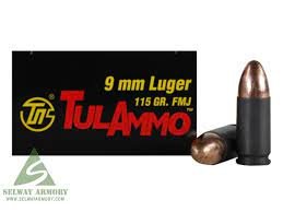 TulAmmo Ammunition 9mm Luger 115 Grain Full Metal Jacket (Bi-Metal) Steel Case Berdan Primed  (20 box of 50)